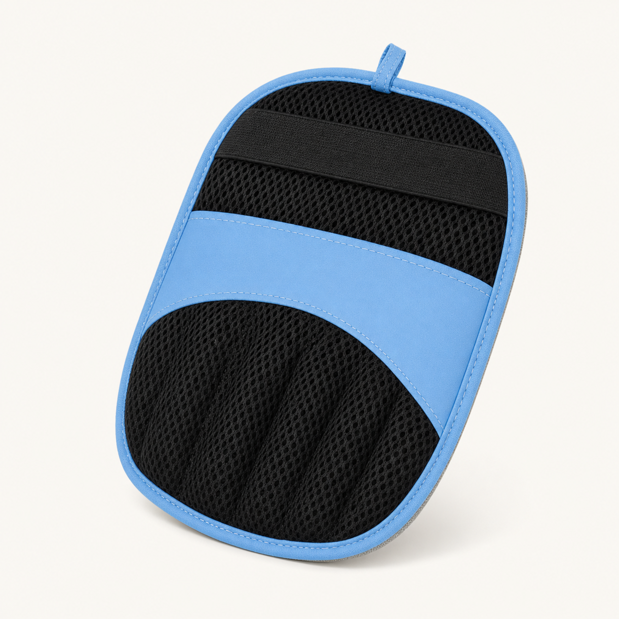 Avenlo blue reusable pet hair removal mitt on a warm white background
