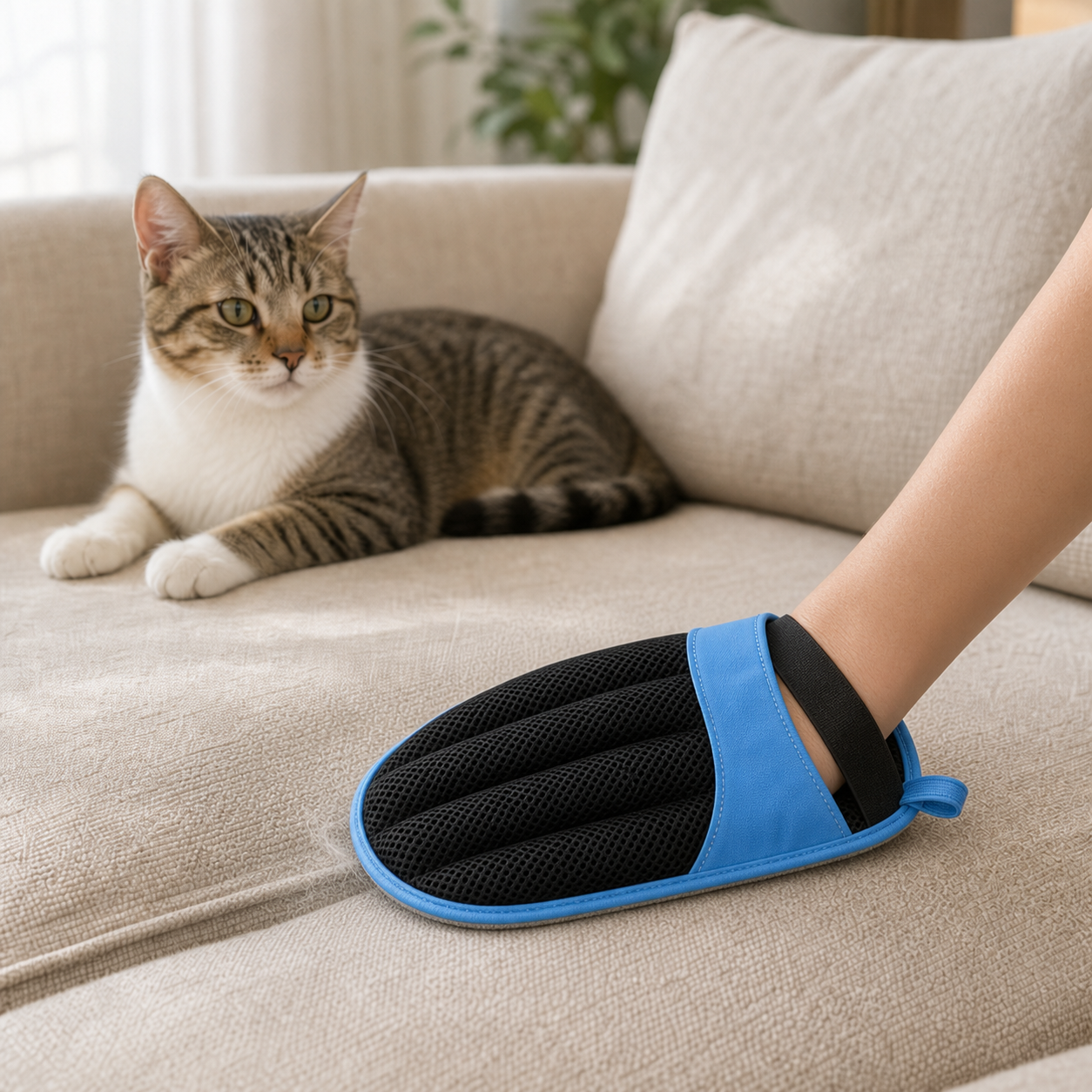 Avenlo pet hair removal mitt being used on an oatmeal sofa near a cat