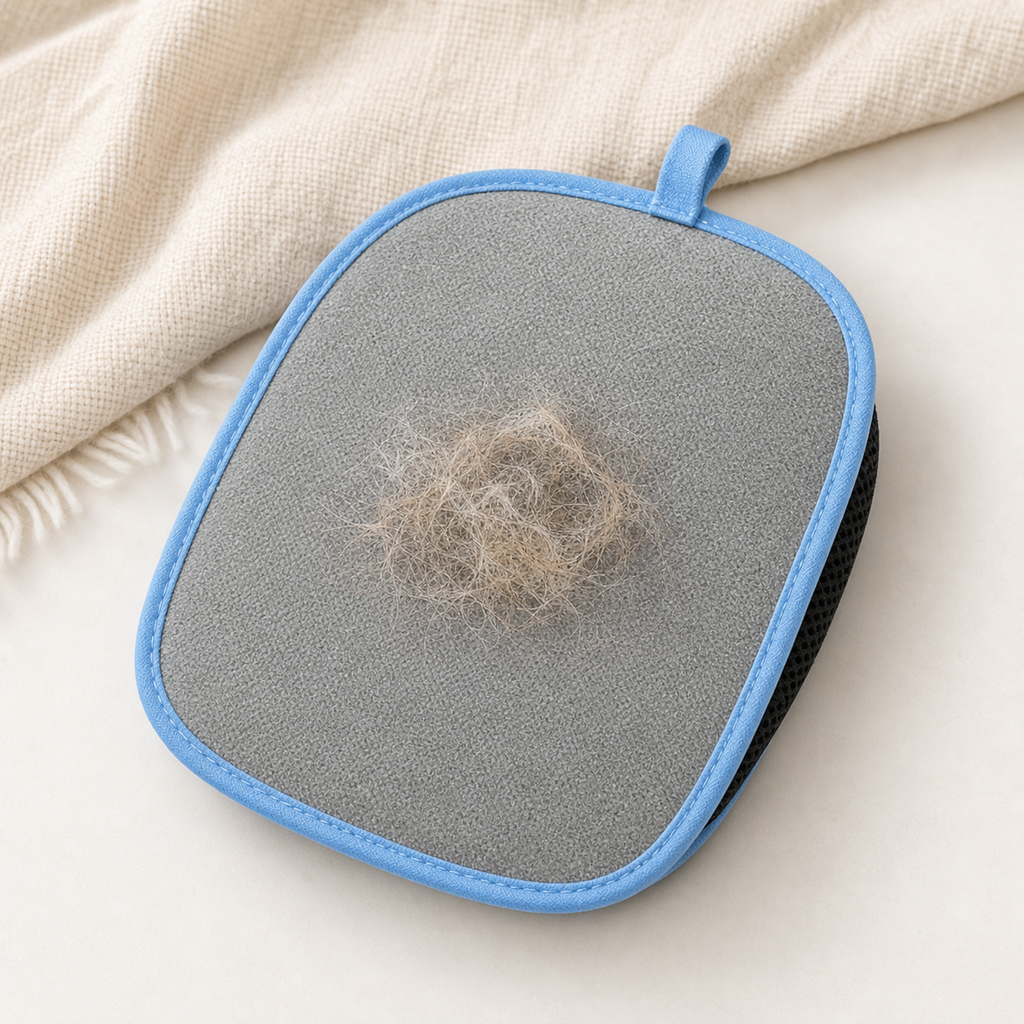 Gray cleaning surface of the Avenlo mitt with collected pet hair