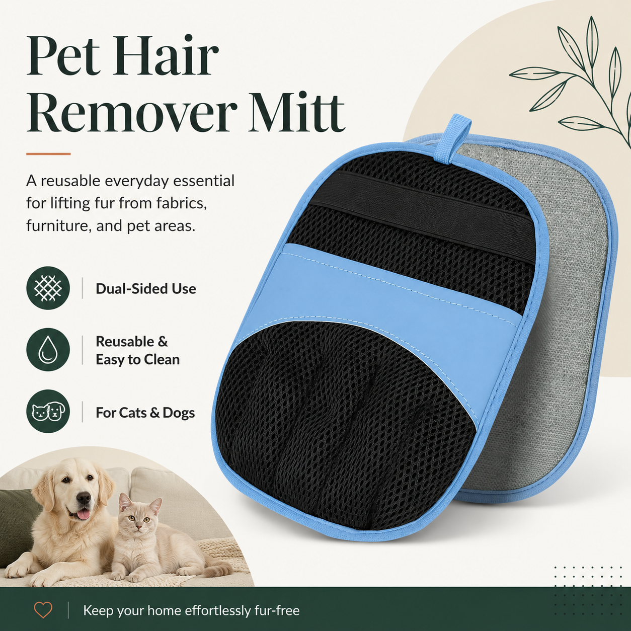 Blue Avenlo pet hair removal mitt used on a sofa