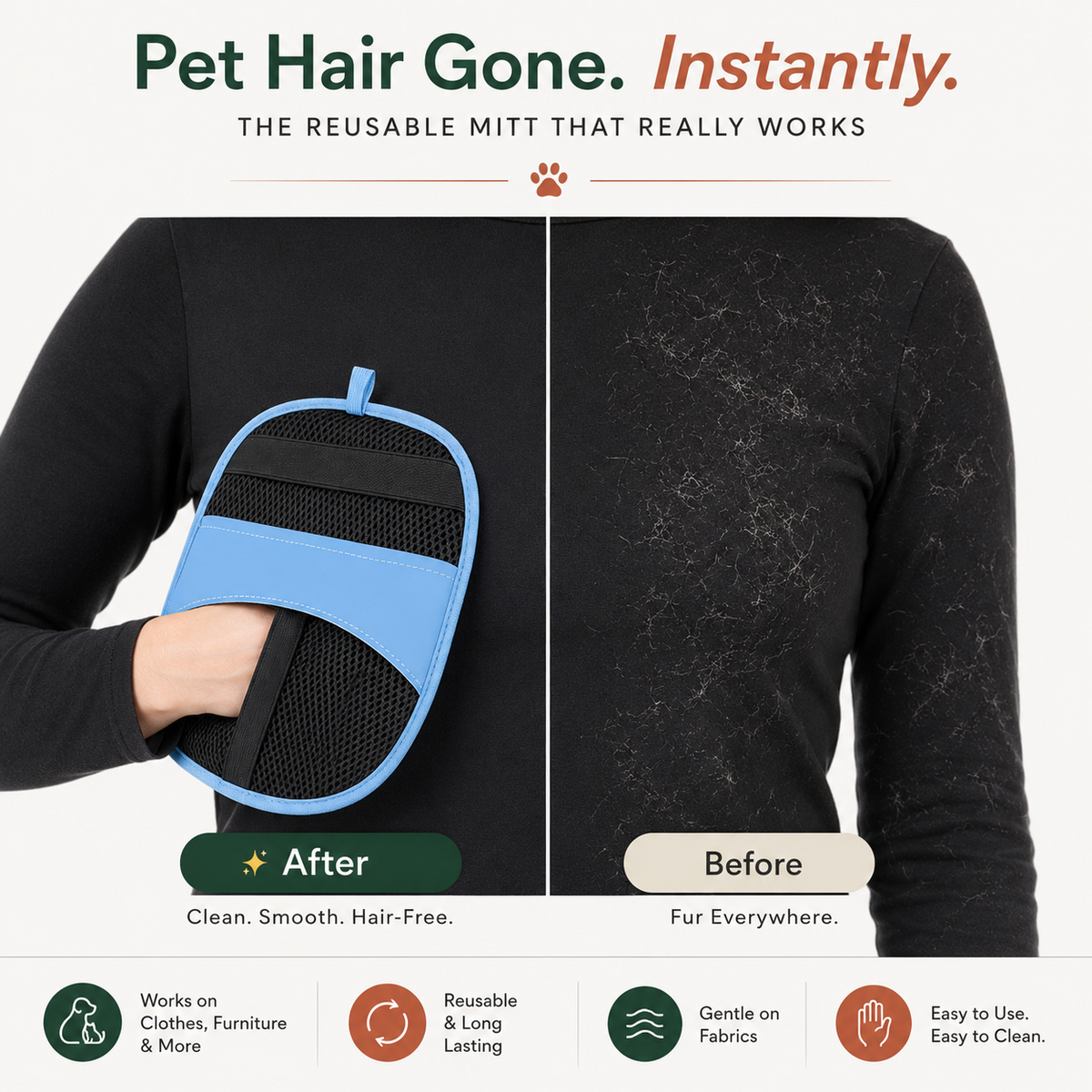 Avenlo mitt collecting loose pet hair from a fabric surface